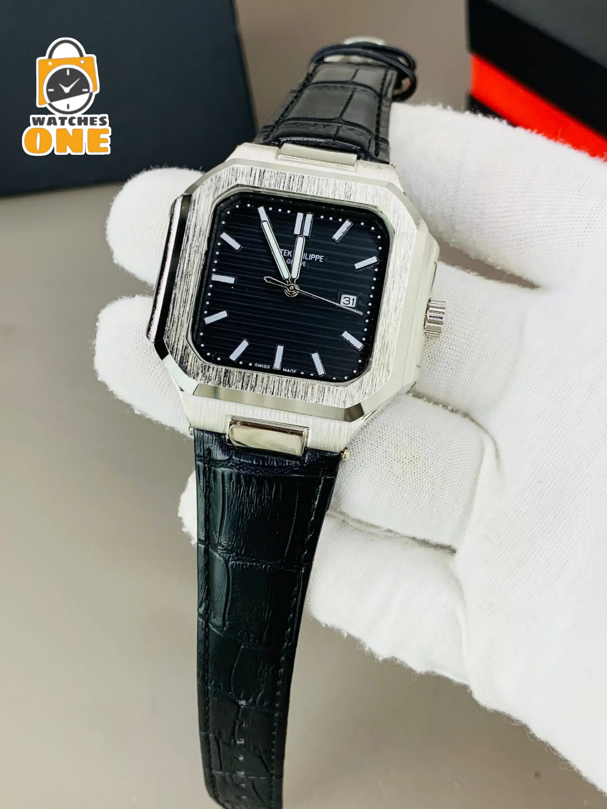 ساعة Patek Philippe Square Leather Watch – Black Dial with Date