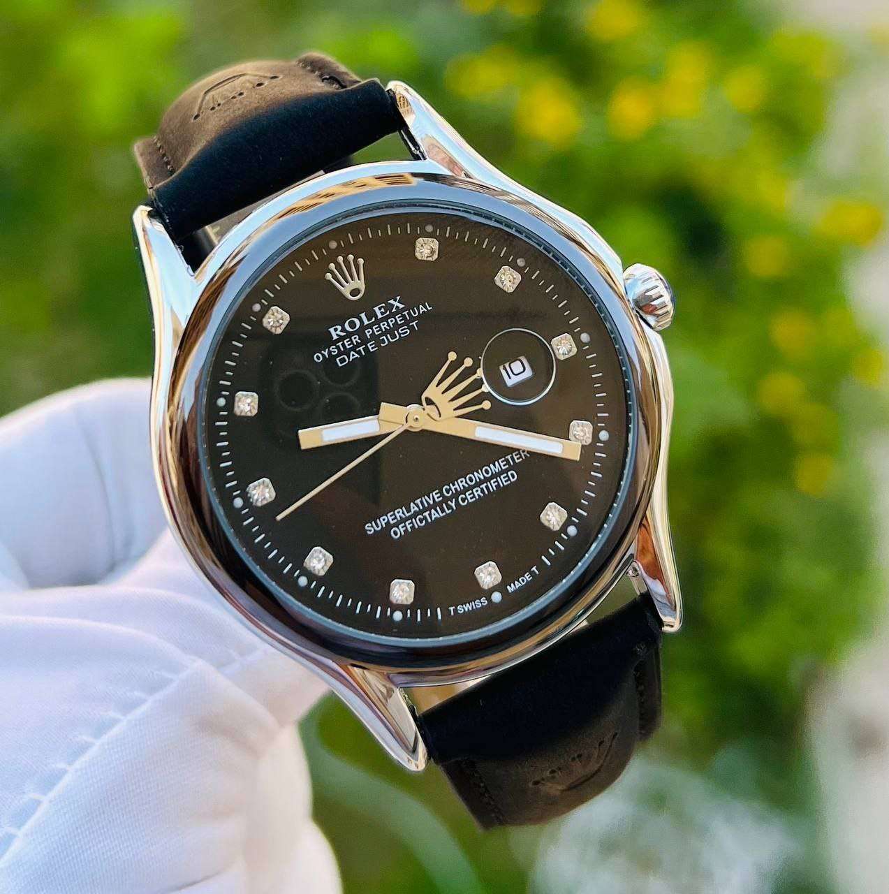 ساعة Rolex Leather Watch – Logo Hands Design All Black with Date لون اسود 