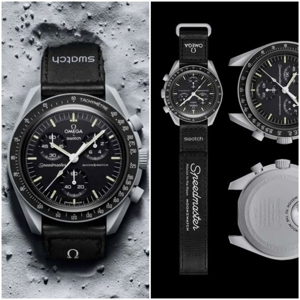 ساعة Omega x Swatch Chronograph لون اسود وابيض وازرق